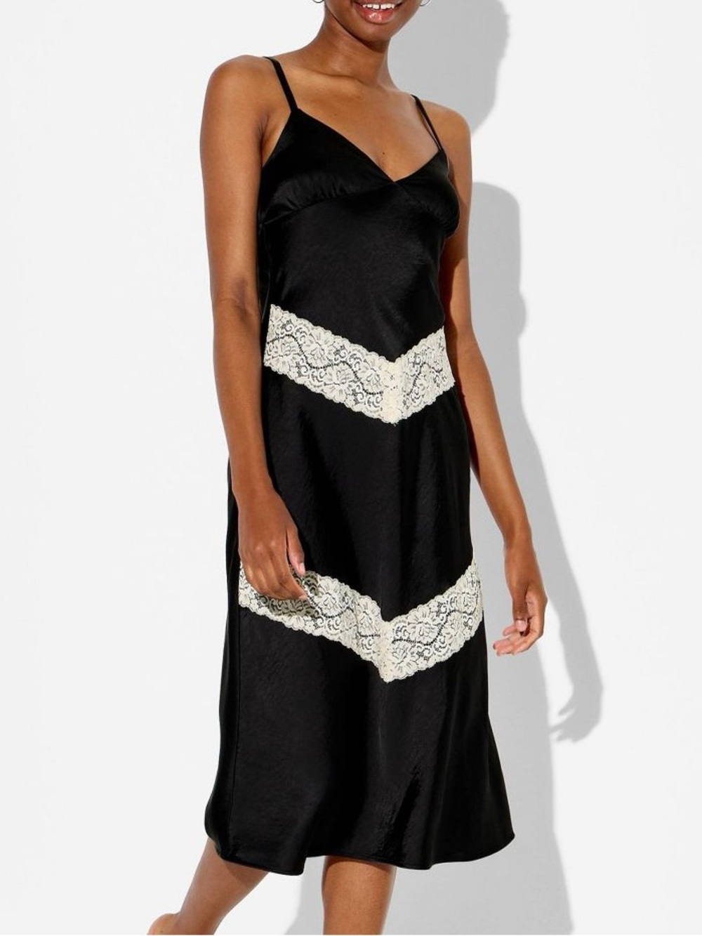 Black Satin Midi Slip Dress with Cream Lace Trim